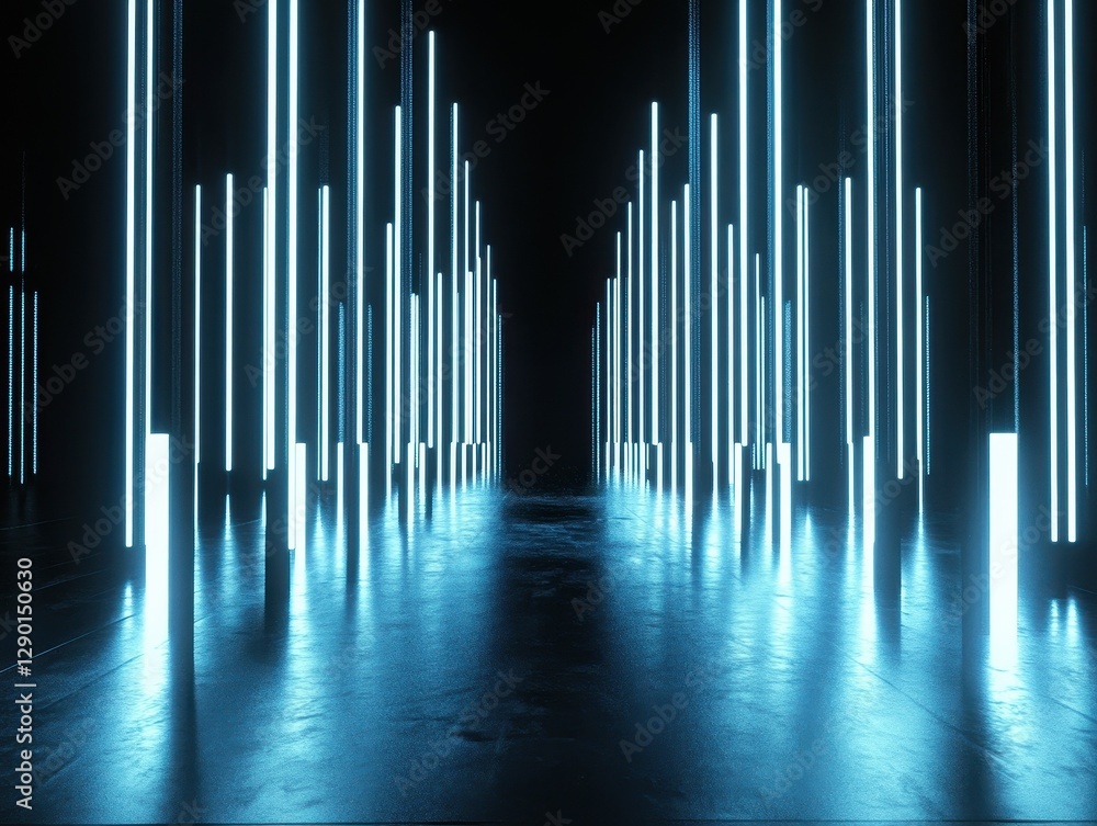 Neon Blue Light Columns Abstract Futuristic Design