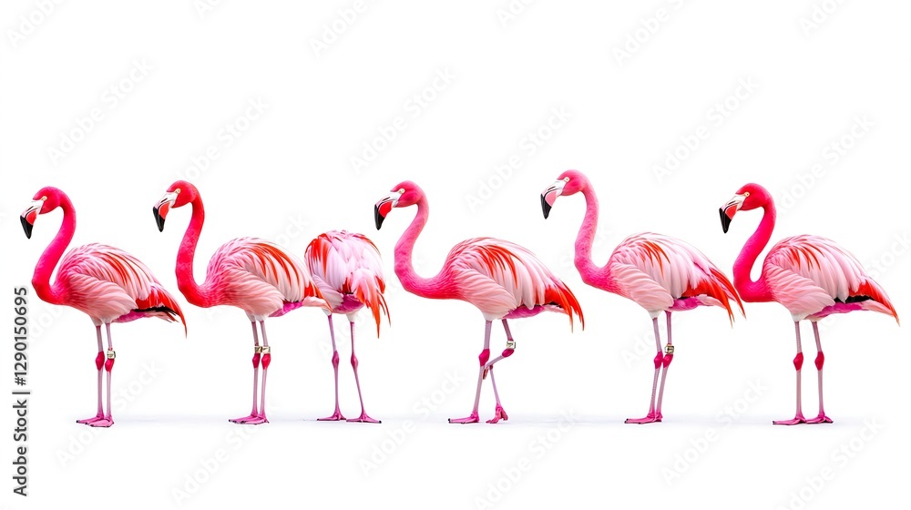 Obraz premium Pink Flamingos in Various Poses Against a White Background