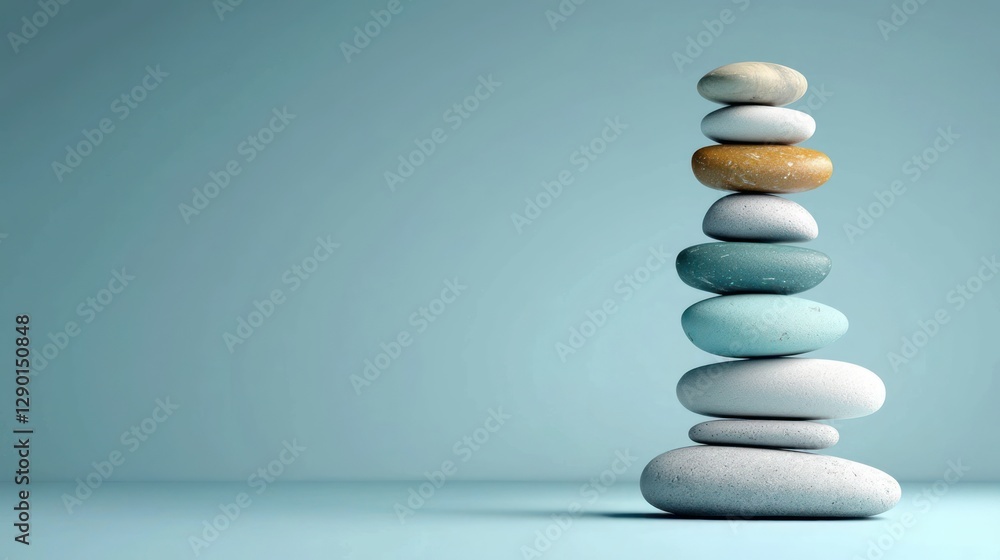 Serene stone tower against soft blue backdrop symbolizing balance harmony and zen in a minimalist studio shot enhancing wellness and meditation practices Serene stone tower against soft blue backdrop symbolizing balance harmony and zen in a minimalist studio shot enhancing wellness and meditation practices