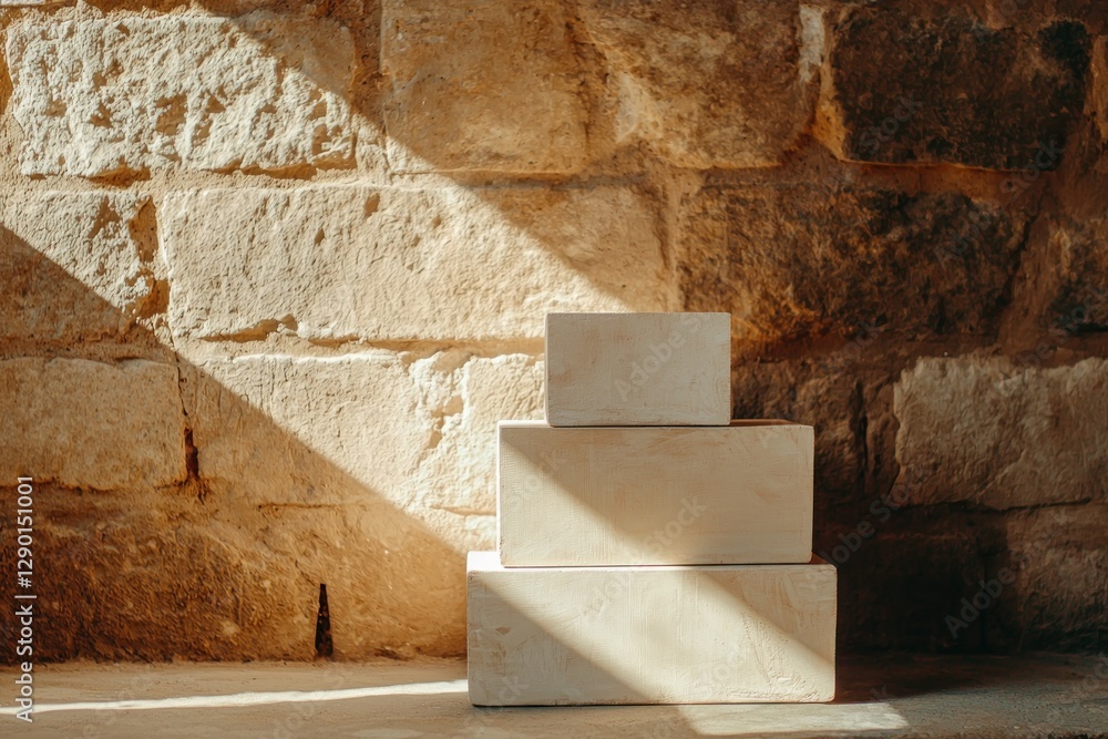 Elegant stacked display blocks against an aged stone wall casting shadows for product presentation