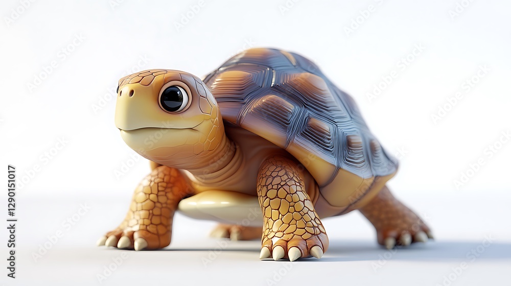 Obraz premium Cute toy turtle crawling on white surface animal model studio close-up