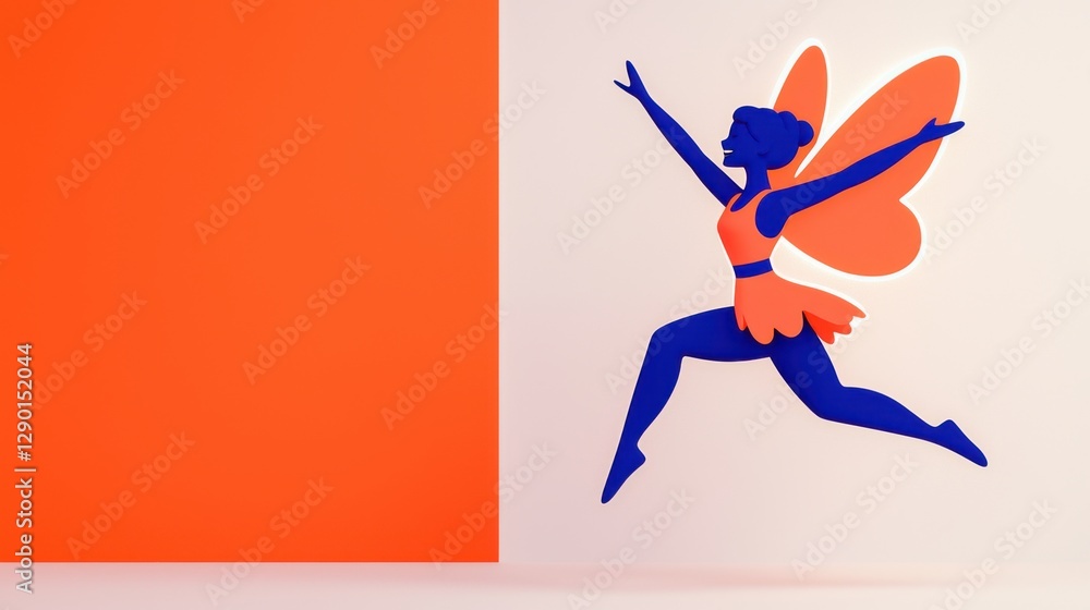 A vibrant silhouette of a fairy with butterfly wings leaps against a contrasting orange background, embodying joy and freedom. A vibrant silhouette of a fairy with butterfly wings leaps against a contrasting orange background, embodying joy and freedom.
