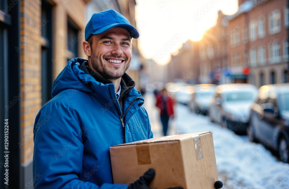 Сourier in blue uniform smiles while holding a box on a snowy street as the sun sets. Delivery service concept Сourier in blue uniform smiles while holding a box on a snowy street as the sun sets. Delivery service concept