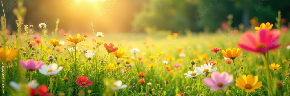 Sun-drenched meadow ablaze with diverse wildflowers , bright, botany, meadow flowers Sun-drenched meadow ablaze with diverse wildflowers , bright, botany, meadow flowers