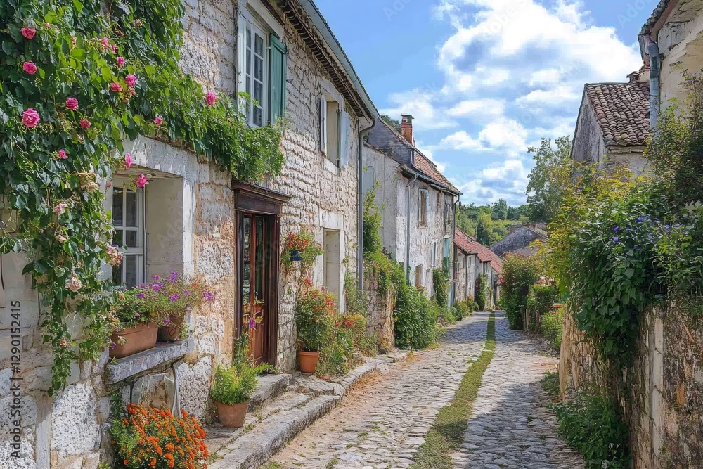 Charming french village street with flowers growing on stone houses Charming french village street with flowers growing on stone houses