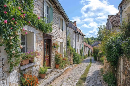 Charming french village street with flowers growing on stone houses