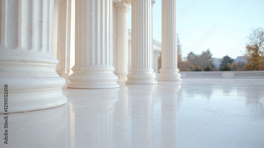 Fototapeta premium White columns, marble floor, autumn park background. Architecture photo for design