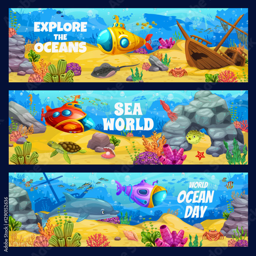 Cartoon underwater landscape, ocean day and sea world, explore ocean vector banners. Undersea coral reef world with sunken ship, dolphin and turtle, submarine bathyscaphe exploring underwater life