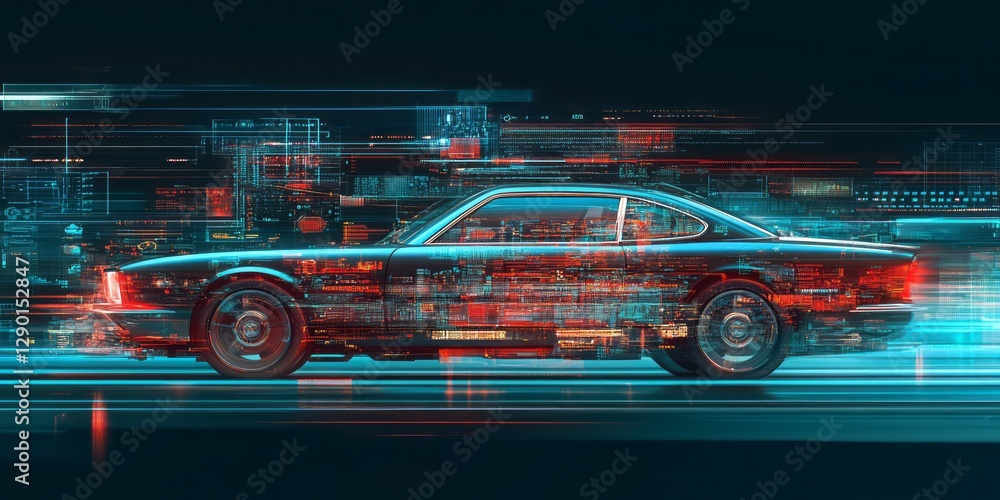 Futuristic classic car with abstract digital technology overlay illustration Futuristic classic car with abstract digital technology overlay illustration