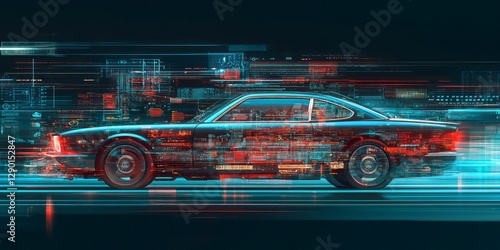 Futuristic classic car with abstract digital technology overlay illustration