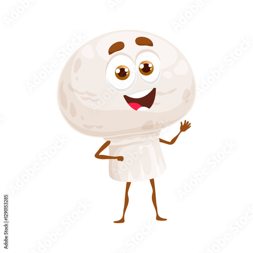 Cartoon champignon mushroom keto diet food character. Healthy nutrition and ketogenic diet natural food funny personage, champignon mushroom cute vector mascot or childish character