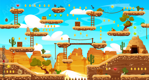Wild west western arcade game level map with platforms, canyons and mountains. Mobile game layer, computer videogame or mobile gaming app vector background. Retro arcade screen with desert ground