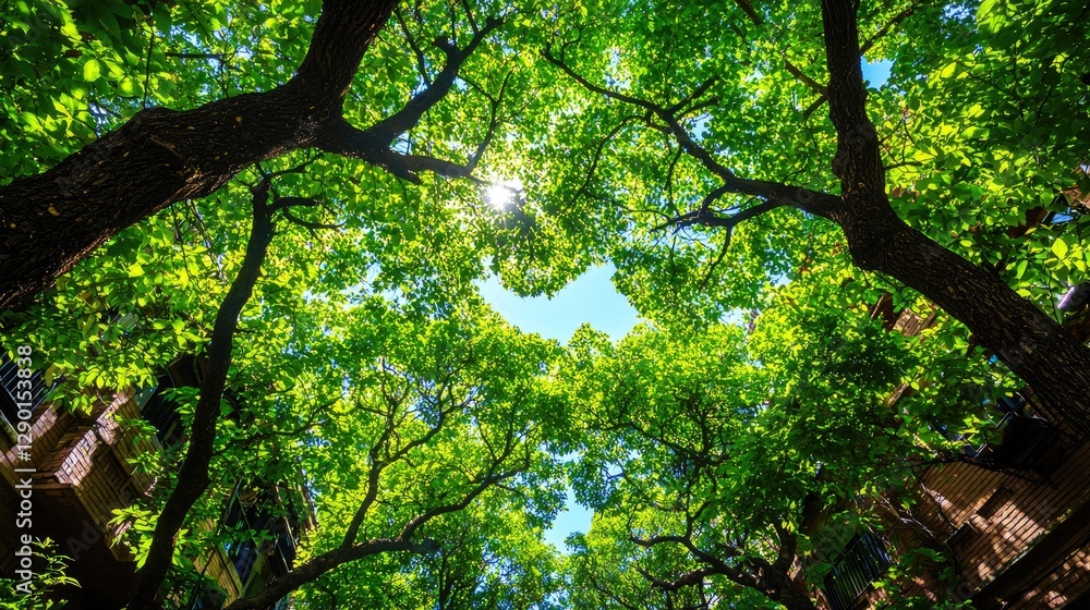 Naklejka premium Lush green canopy above city buildings, sunlight