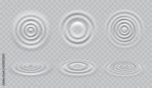 Ripple water circle waves or sound motion and drop splash in liquid, vector background. Droplet ripples on water surface realistic effect with circular transparent texture and concentric waves pattern