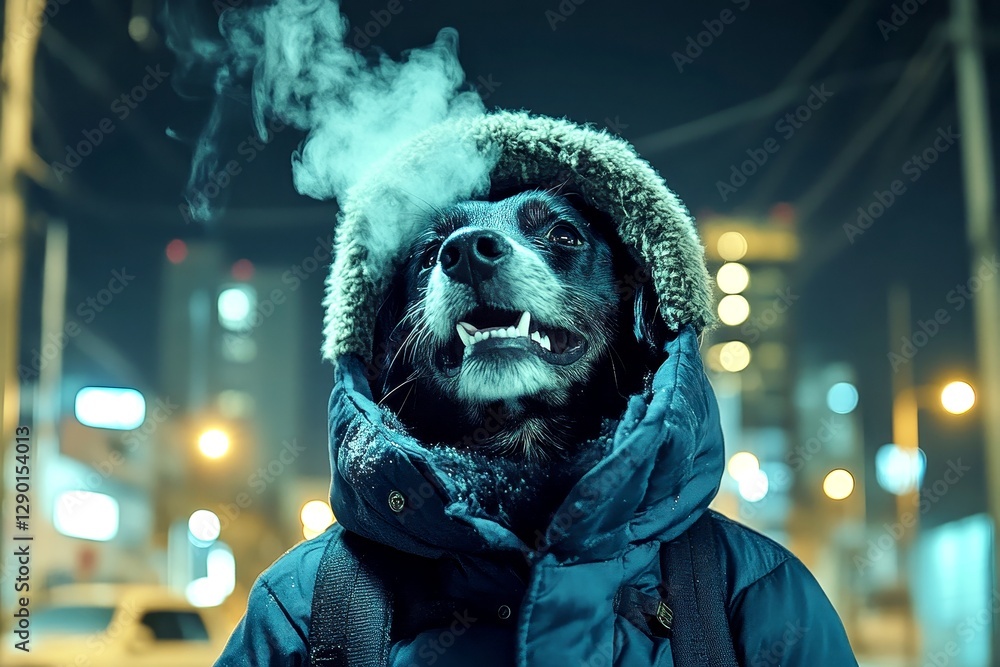 Happy cute adult dog portuguese water dog in winter warm clothes, winter breath from nose and mouth in cold atmosphere. Pet well-being. Laughable pets. Funny dog boots. Dog winter boots. Happy cute adult dog portuguese water dog in winter warm clothes, winter breath from nose and mouth in cold atmosphere. Pet well-being. Laughable pets. Funny dog boots. Dog winter boots.