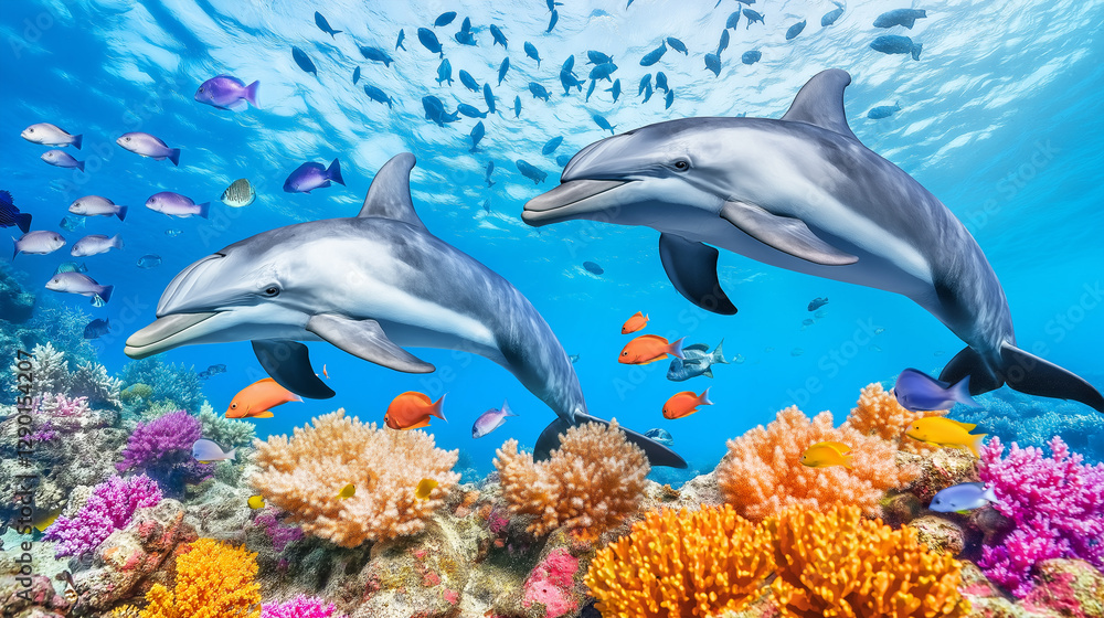 Obraz premium Playful dolphins swimming above a colorful coral reef underwater
