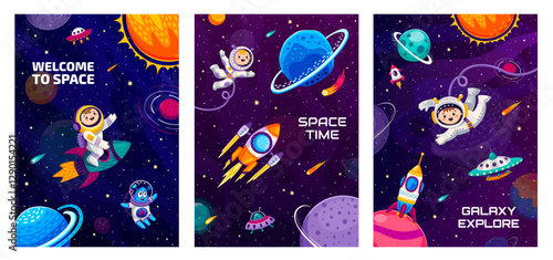 Cartoon space posters. Astronauts, spaceship and rocket, alien and ufo, starry galaxy, planets and comets. Vector vertical cards with interstellar exploration, imaginative playful cosmic adventures