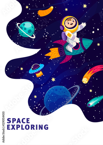 Cartoon kid astronaut on space rocket in starry galaxy sky with planets, vector background. Outer space exploration and galactic adventure poster with kid spaceman on spaceship in cosmic sky stars