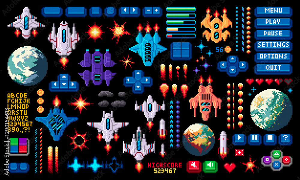 8bit arcade space pixel game asset, asteroids, planets and spaceship, alien and stars, fire and explosion vector set in pixelated retro style. Menu panel buttons, 2d videogame icons