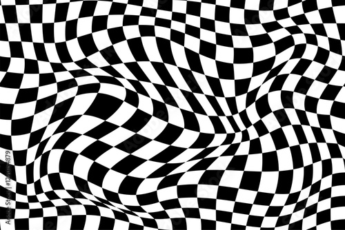 Wavy optical illusion checker pattern background, trippy checkerboard. Racing checkered flag pattern, motocross competition finish signal or rally championship victory vector wavy background