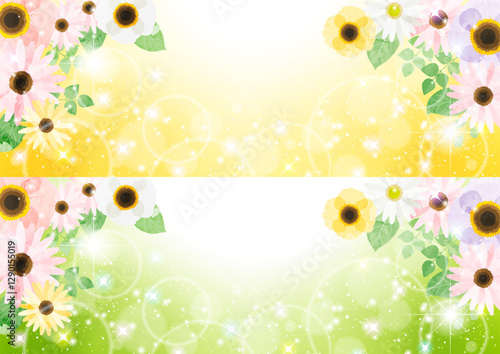 春の花キラキラバナーセット、かわいい、黄、緑、イラスト、背景