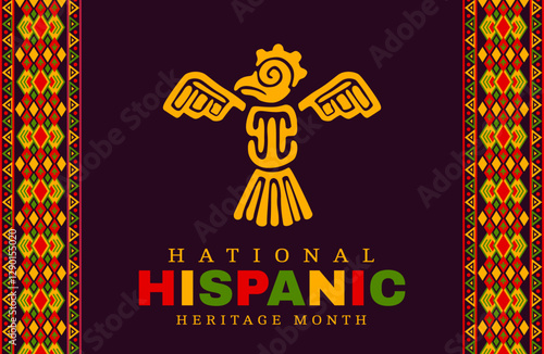 Eagle Aztec totem and ethnic ornament on national Hispanic heritage month, vector banner. Latin America holiday and traditional Hispanic heritage month of handicraft art, culture and traditions