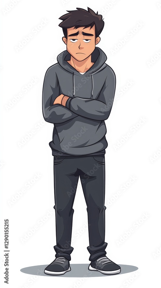 Cartoon young man standing with arms crossed in casual attire Cartoon young man standing with arms crossed in casual attire
