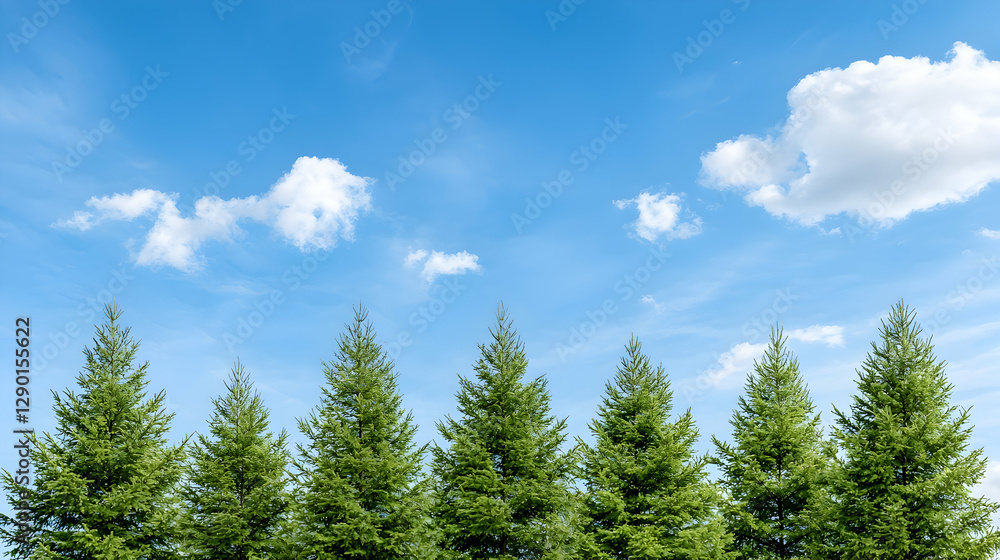 Evergreen trees against a bright blue sky with fluffy clouds; nature background Evergreen trees against a bright blue sky with fluffy clouds; nature background