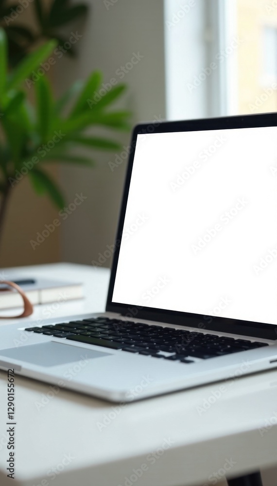 Fototapeta premium Modern white laptop, blank screen, on simple work table , electronics, table, digital