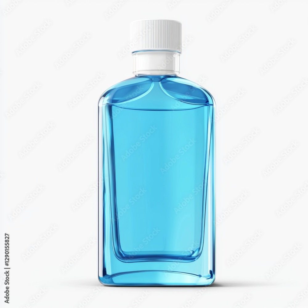 Clear blue liquid in a modern bottle with a white cap against a clean white background for health and beauty applications Clear blue liquid in a modern bottle with a white cap against a clean white background for health and beauty applications