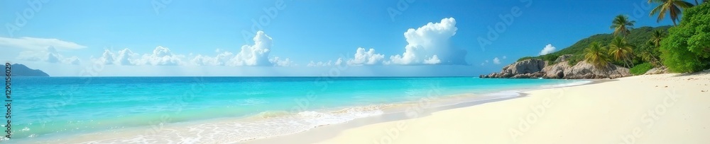 Sun-drenched empty beach, turquoise sea, flawless sky, serene, paradise, bright Sun-drenched empty beach, turquoise sea, flawless sky, serene, paradise, bright