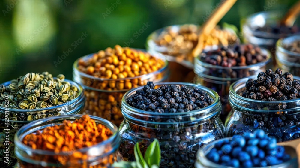 Assortment of Vibrant Spices in Glass Jars Displayed Against a Lush Green Background Capturing Culinary Diversity and Aromatic Richness in a Natural Light Setting Assortment of Vibrant Spices in Glass Jars Displayed Against a Lush Green Background Capturing Culinary Diversity and Aromatic Richness in a Natural Light Setting