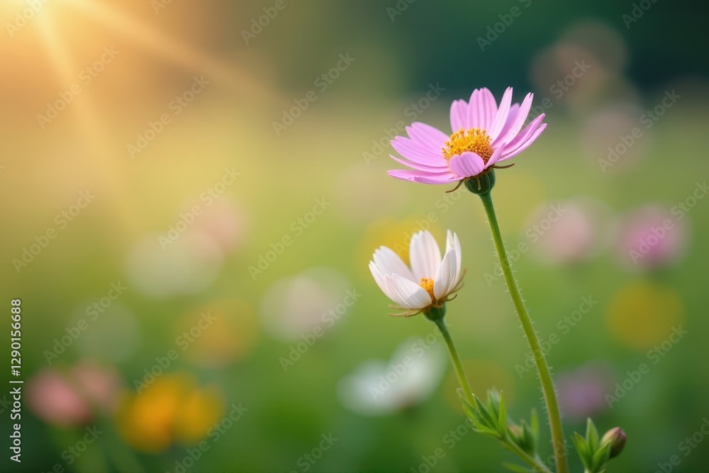 Close-up view of delicate wildflowers, soft focus background , environment, detail Close-up view of delicate wildflowers, soft focus background , environment, detail