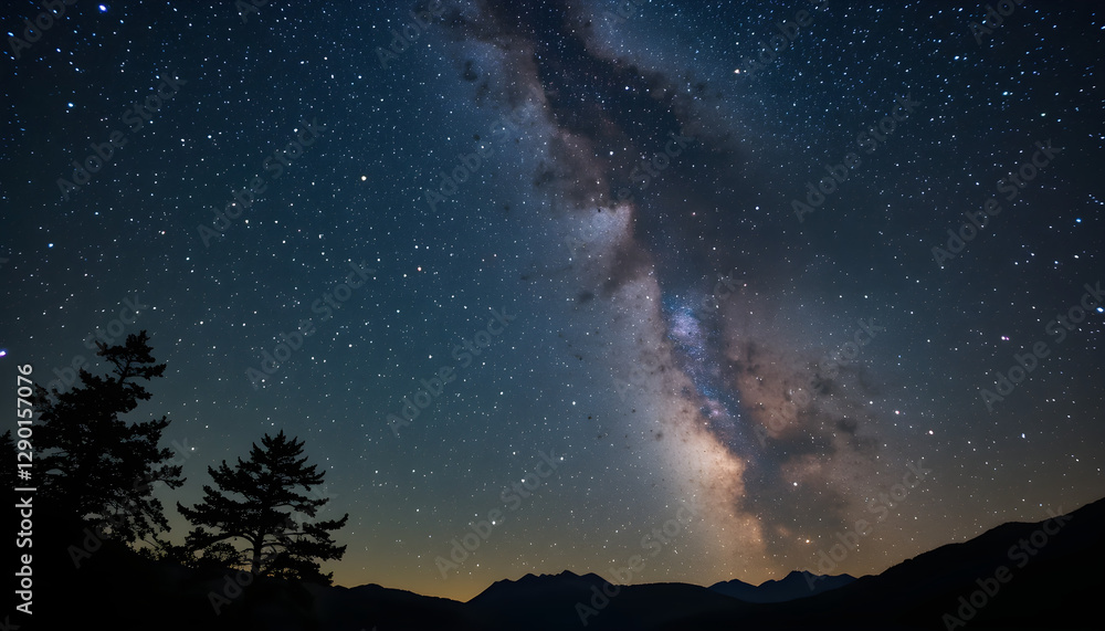 Milky Way Galaxy Over Silhouetted Forest and Mountains, Illuminating the Vast Universe with Countless Stars Milky Way Galaxy Over Silhouetted Forest and Mountains, Illuminating the Vast Universe with Countless Stars
