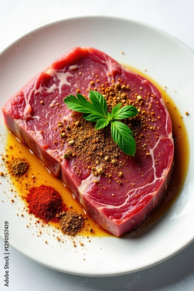 Marbled raw steak & vibrant spice blend, pristine white setting, food photography, gourmet, background Marbled raw steak & vibrant spice blend, pristine white setting, food photography, gourmet, background