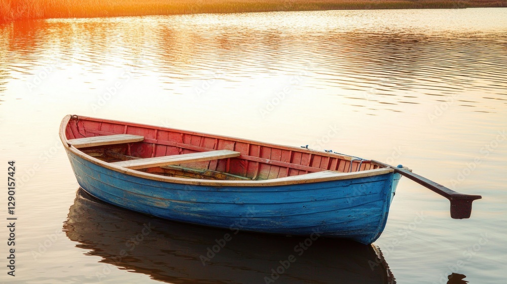 Obraz premium Serene lake scene featuring a vibrant blue rowboat bathed in the warm glow of a golden sunset light, calm water, and peaceful atmosphere