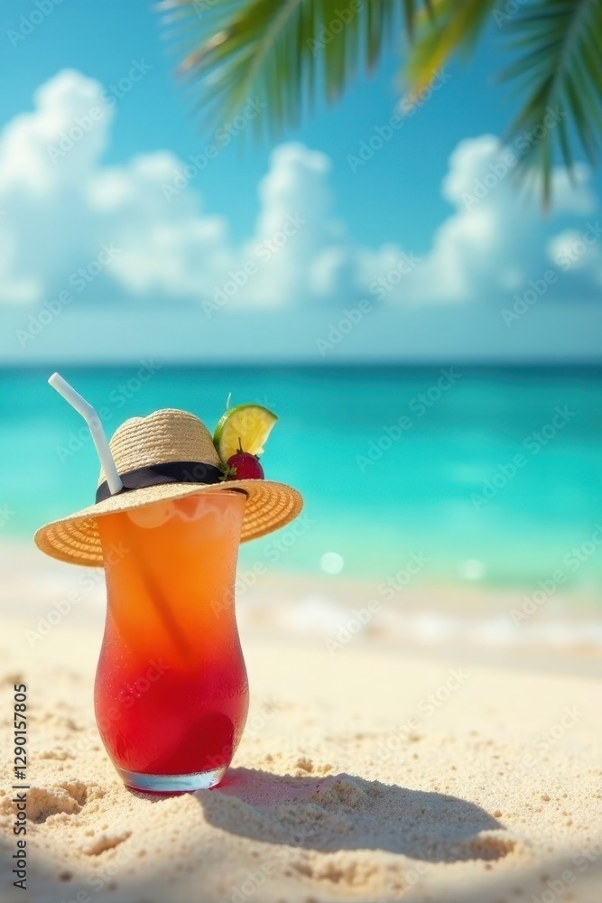 Straw hat, sunglasses, exotic cocktail on sandy beach, sand, beach Straw hat, sunglasses, exotic cocktail on sandy beach, sand, beach