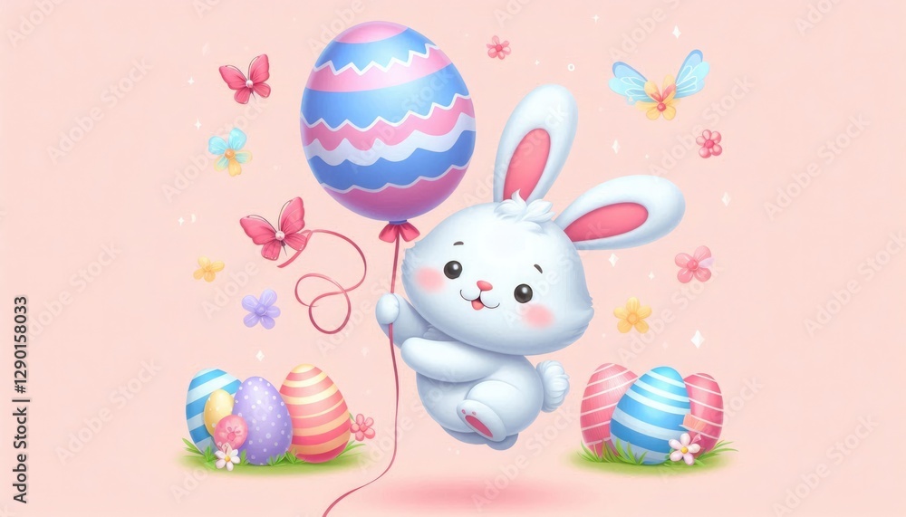 Obraz premium Cute Easter bunny in kawaii style flies with a colorful Easter egg balloon, surrounded by eggs, flowers, and butterflies on a green lawn under a pastel pink sky