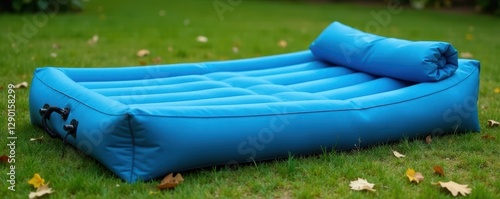 Blue inflatable camping bed neatly rolled up for storage, travel, summer