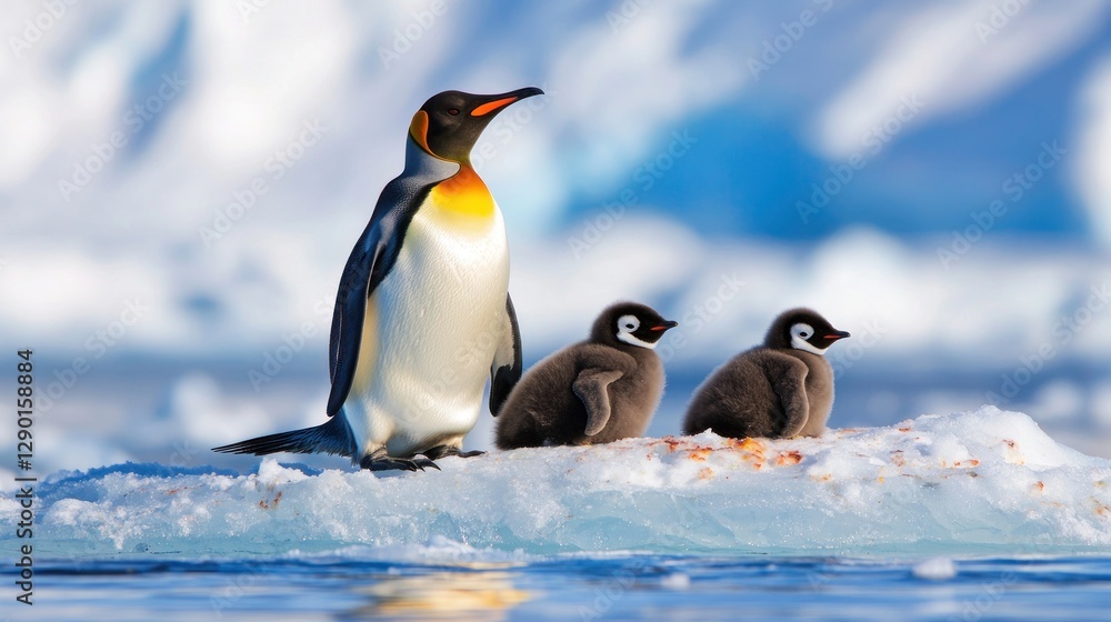 Fototapeta premium Majestic king penguin with fluffy chicks on icy floe in antarctica against blue sky and icebergs wildlife photography