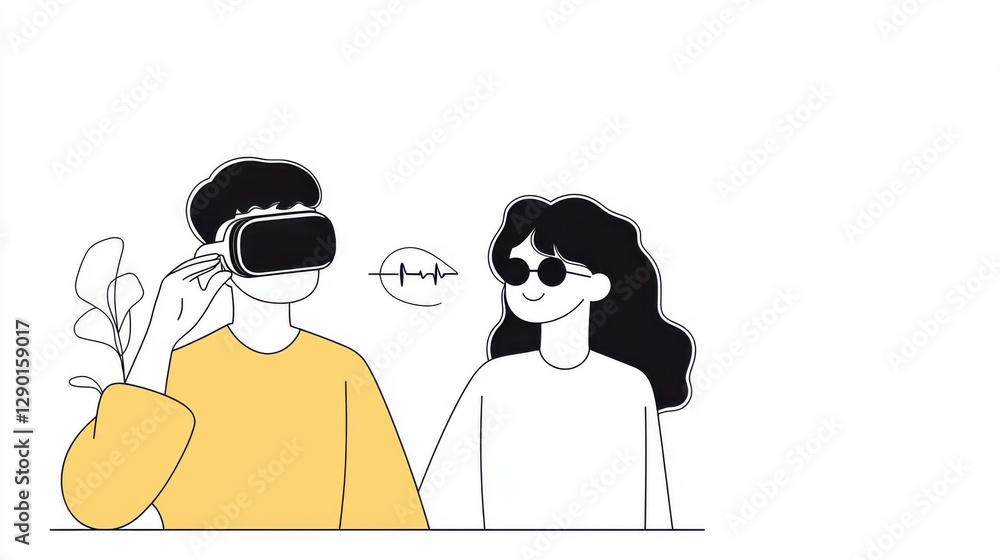 Fototapeta premium Healthcare Virtual Reality Therapies. A person using VR headset interacts with a friend in casual attire.