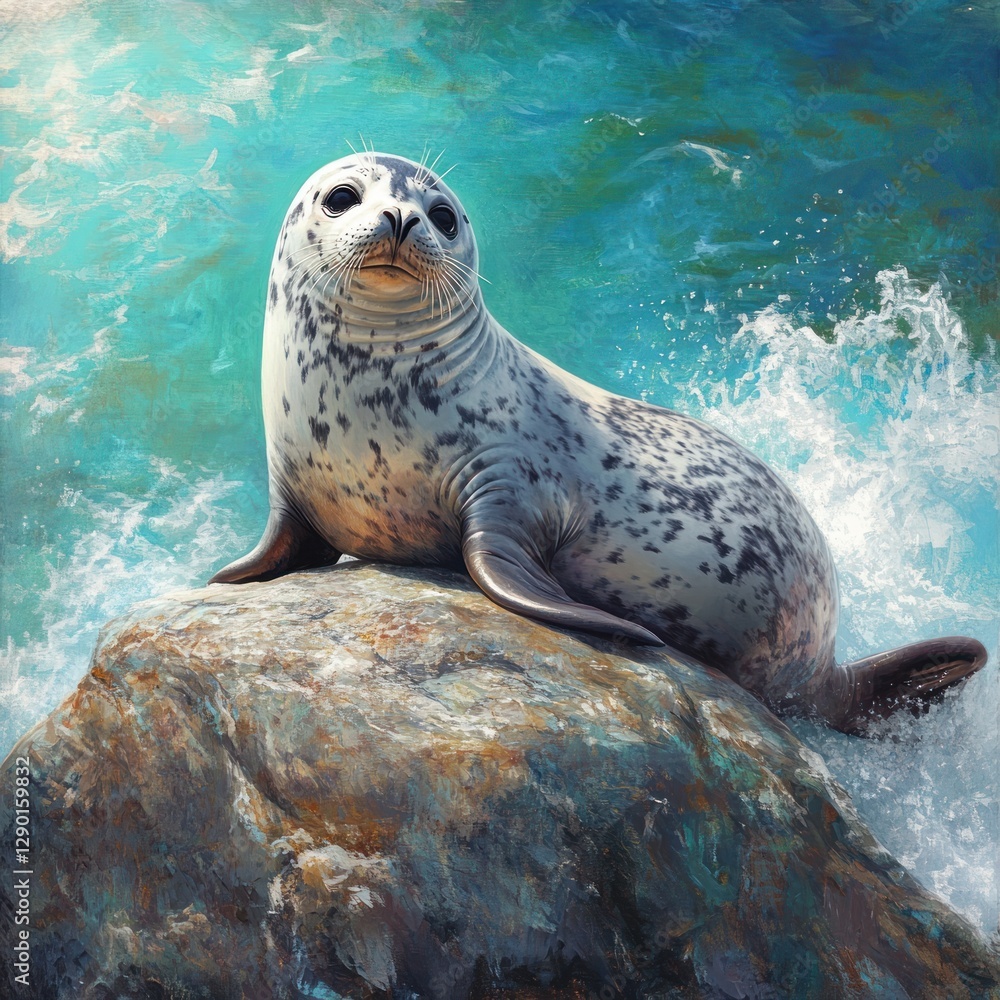 Obraz premium Serene Seal Portrait on Coastal Rock a Captivating Marine Scene with Tranquil Water and Artistic Brushstrokes