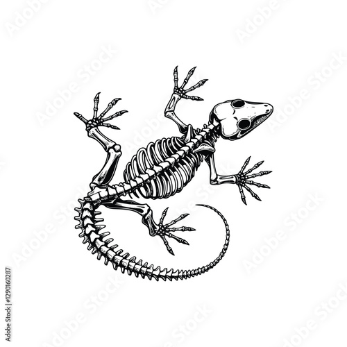 Black and white line art vector illustration of a gecko skeleton, hand drawn style