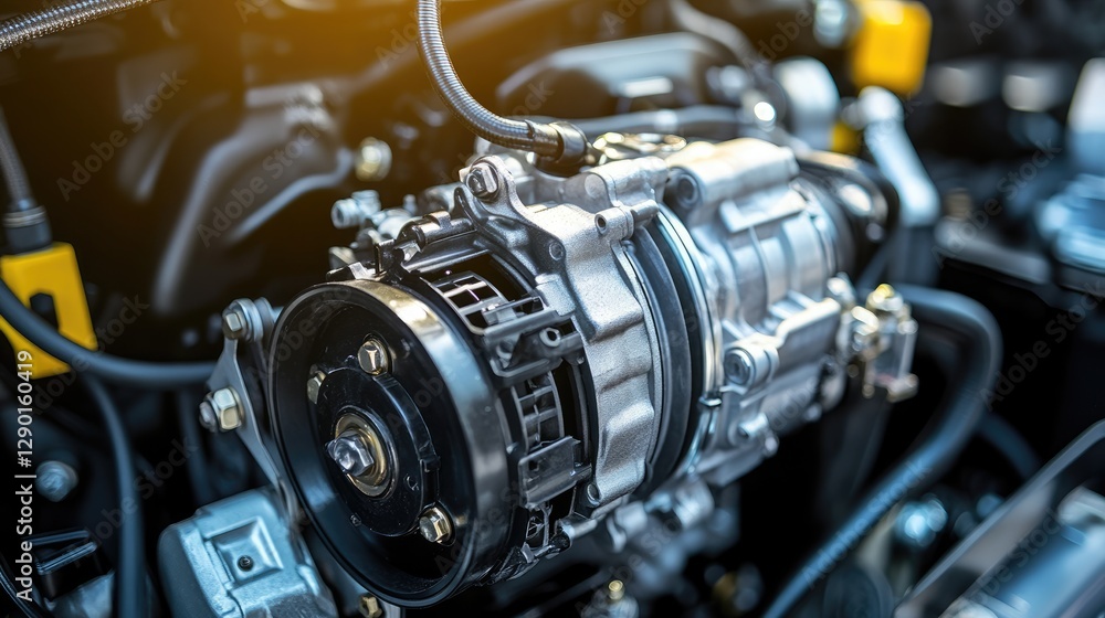 Obraz premium A car engine with a focus on the AC compressor unit.