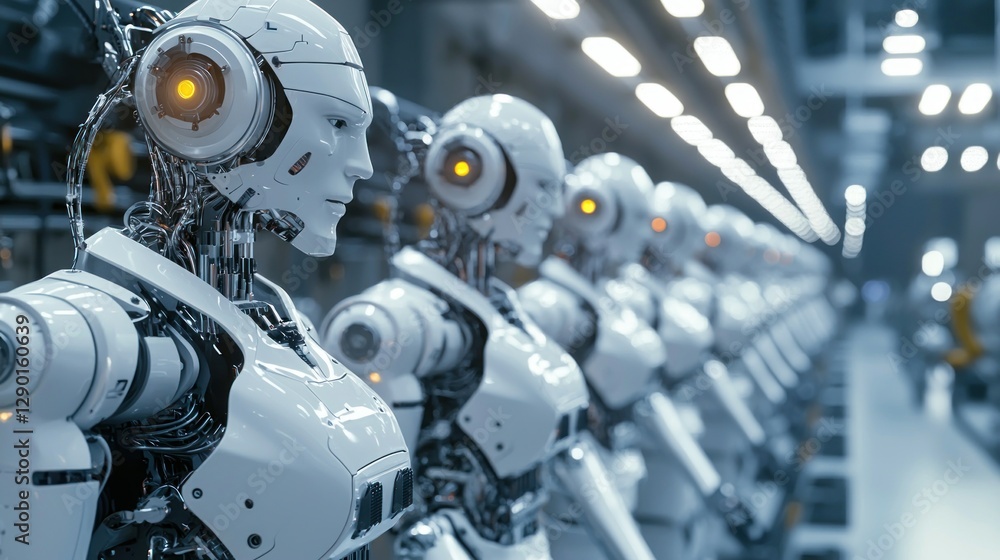 Array of sleek humanoid robots in automated factory embodying advanced tech industrial future Array of sleek humanoid robots in automated factory embodying advanced tech industrial future
