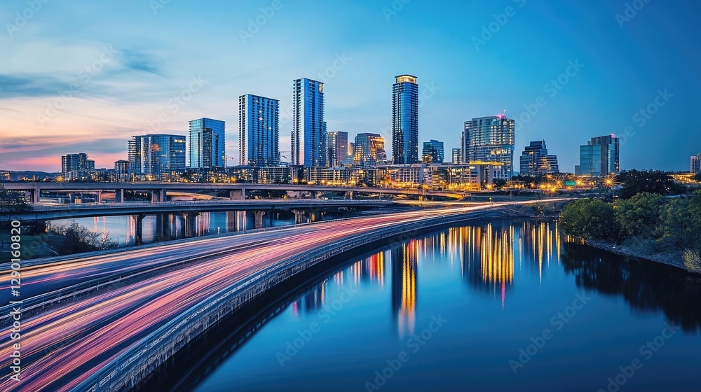 Naklejka premium A city skyline at dusk, showcasing energy-efficient LED lighting.