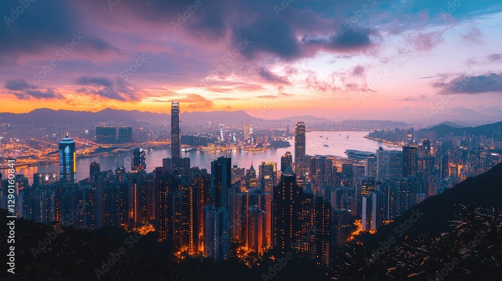 Fototapeta premium A city skyline at dusk, showcasing energy-efficient LED lighting.