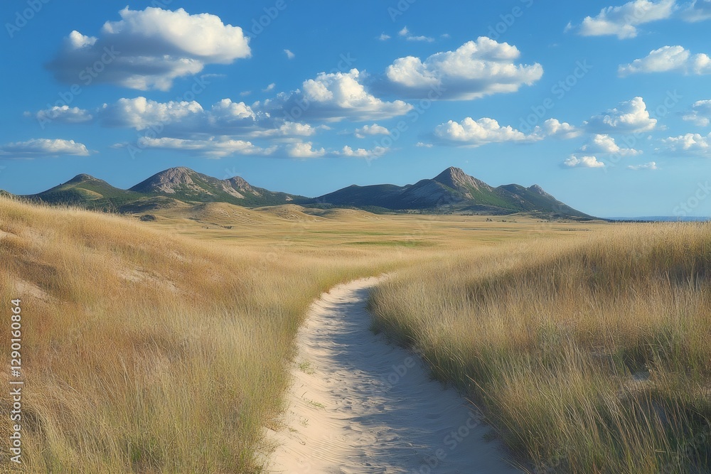 Obraz premium Sandy path winding through tall grass in the prairie near the Bear Butte State Park, South Dakota, United States