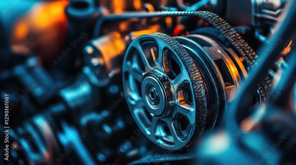 Fototapeta premium A close-up of an AC compressor pulley and belt inside an engine.