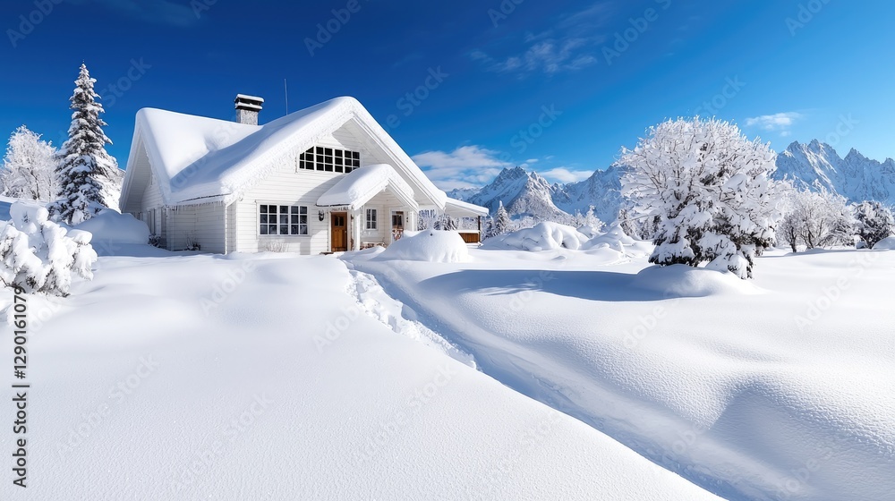 Snowy mountain house winter landscape, postcard Snowy mountain house winter landscape, postcard